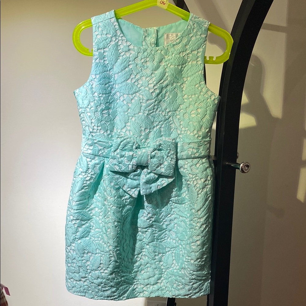 Sleeveless Aqua Lace Floral Bow Dress